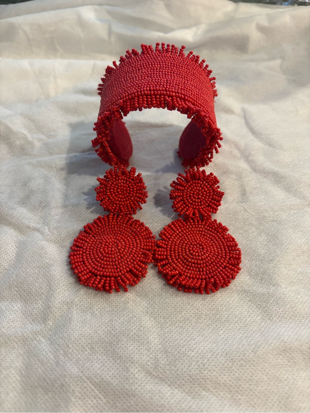 Chico's Bright Orange Beaded Cuff Bracelet with Double-Drop Earrings - Picture 2 of 3